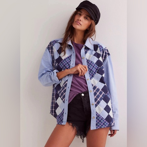 We The Free Tops - We The Free Argyle Plaid Shirt Oversized Preppy Buttondown Blue Combo NWT